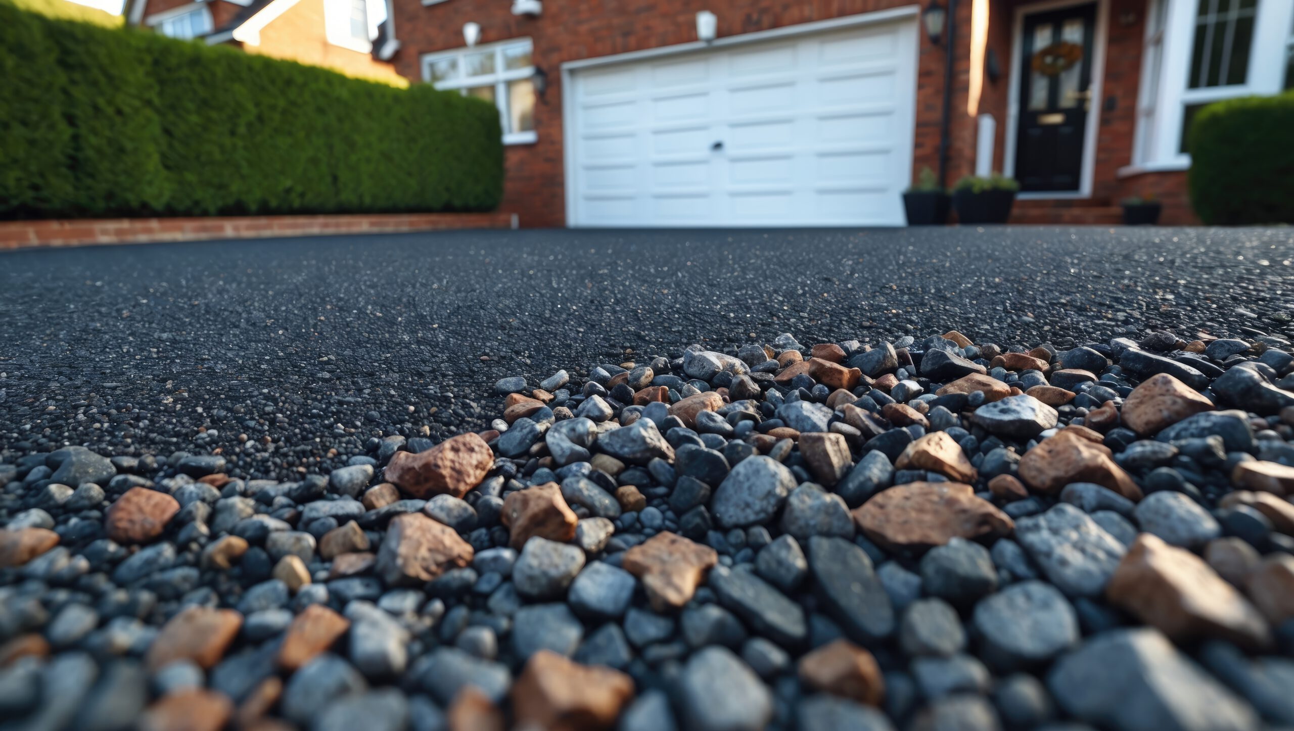 A close-up of gravel and rocks on an asphalt driveway in front of a brick house with white double garage doors and trimmed hedges, showcasing neat garden design by a skilled landscaper.